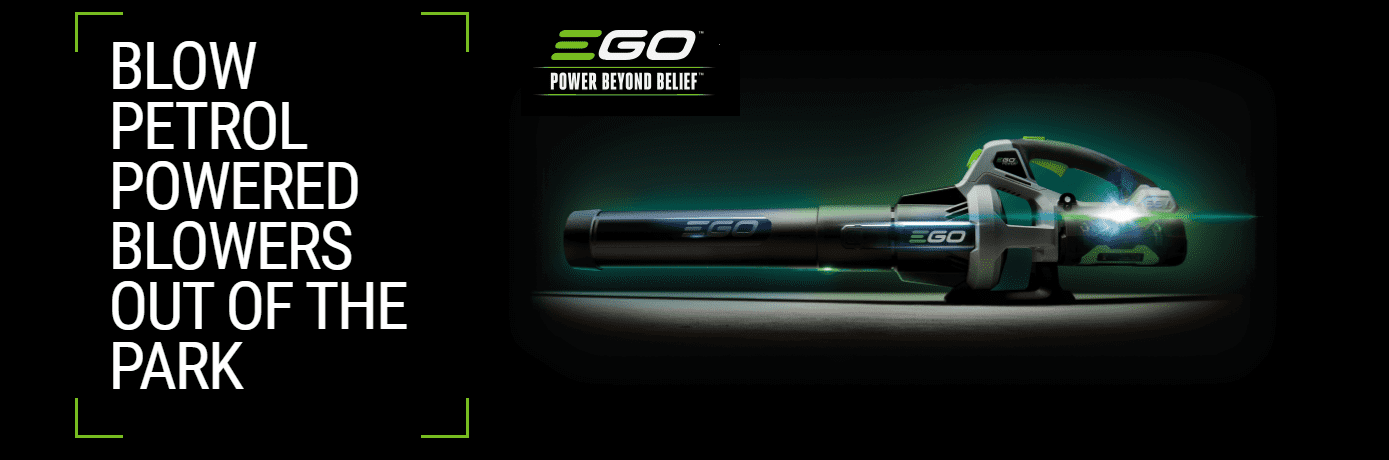 Battery-powered lawn and garden tools used for sustainable landscaping.